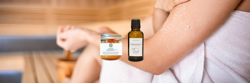 Ritual Kit Body, vartaloöljy ja suolakuorinta hierontapöydän äärellä